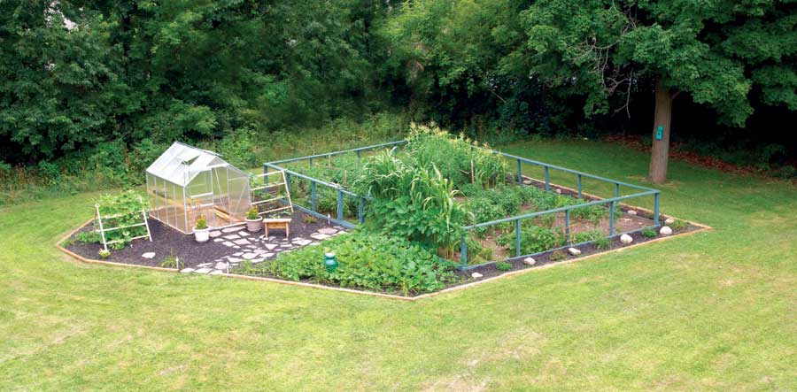 
This small garden incorporates several vegetables, culinary and medicinal herbs and whimsical ornamentals.
